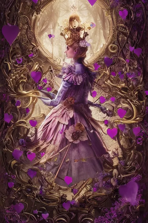 Prompt: poster of Alice in wonderland, Dark Souls 3 themed, surrounded by falling hearts and flower petals, insanely detailed and intricate, golden ratio, elegant, ornate, luxury, elite, ominous, haunting, matte painting, cinematic, cgsociety, James jean, Brian froud, ross tran, Laputa