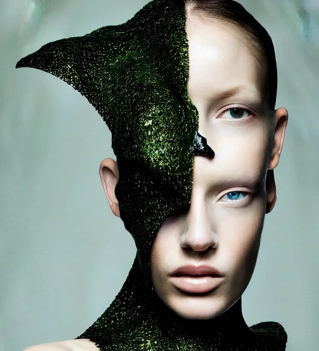 Image similar to photography face portrait of one female fashion model in rainforest, wearing one organic futurist cape designed by iris van herpen,, photography by paolo roversi nick knight, helmut newton, avedon, and araki, sky forest background, natural pose, highly detailed, skin grain detail