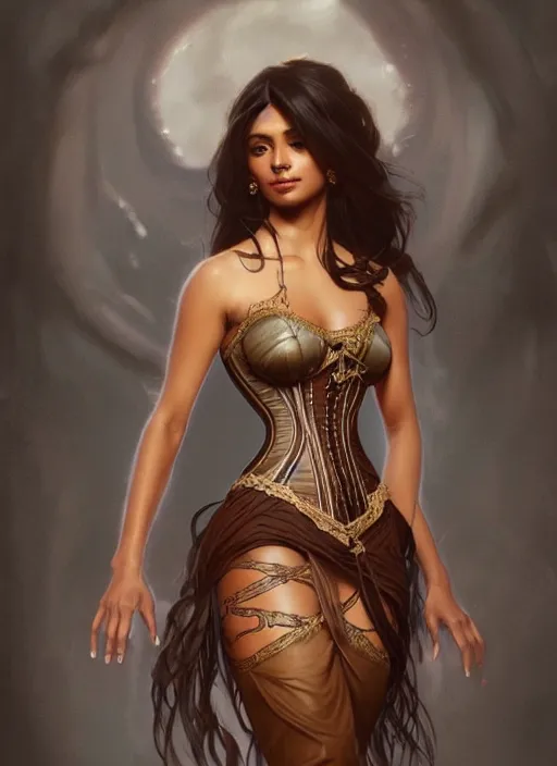 Image similar to cute brown woman wearing a transparent corset dress, fantasy, intricate, highly detailed, digital painting, artstation, concept art, wallpaper, smooth, sharp focus, illustration, art by artgerm and greg rutkowski and alphonse mucha