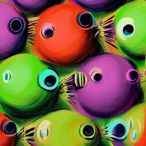 Image similar to an army of differnt tennis ball monsters, colorful, digital art, fantasy, magic, chalk, trending on artstation, ultra detailed, professional illustration by basil gogos