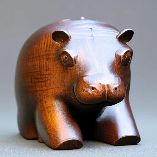 Prompt: small hippo statue, wood blocks bottom hippo body, blue chrome top hippo body, by a genius craftsman, highly detailed, wood block bottom hippo body wood