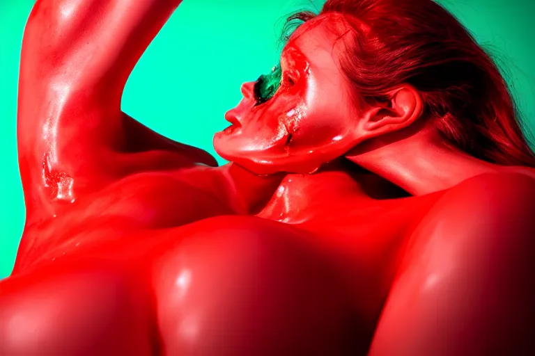 Prompt: hyperrealistic woman with melting body inside a red room roberto bernardi dramatic green lighting on one side wide angle 35mm shallow depth of field 8k