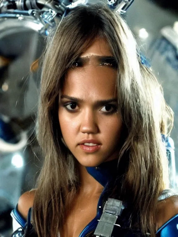 Prompt: hyperdetailed close shot of young jessica alba as space pirate, fine - face, pretty face