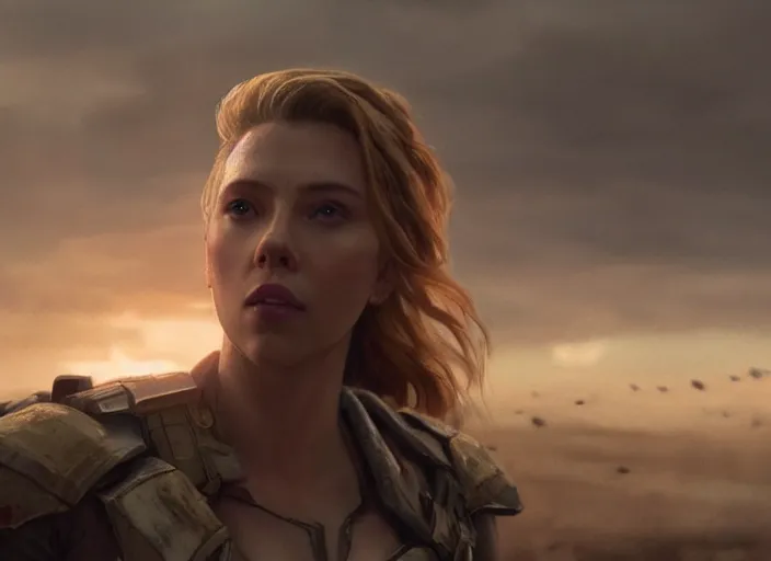 Prompt: close up cinematic artwork of Scarlett Johansen staring down the enemy on the battlefield by Greg Rutkowski, 4k, masterpiece