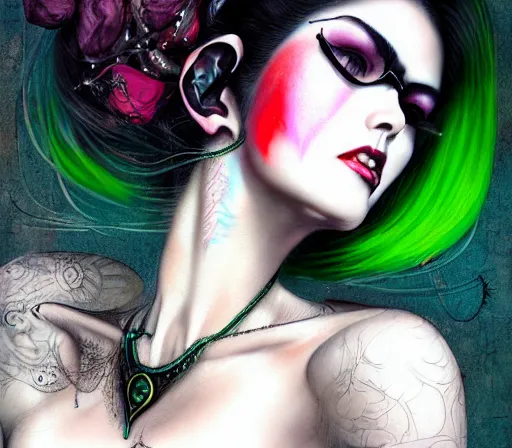 Prompt: a Demon Slayer portrait of Bayonetta , tall, pale-skinned, and slender woman with lime green eyes and long eyelashes by Stanely Artgerm,Tom Bagshaw,arthur adams,Carne Griffiths,trending on DeviantArt,street art,face enhance,chillwave,maximalist,full of color,glittering