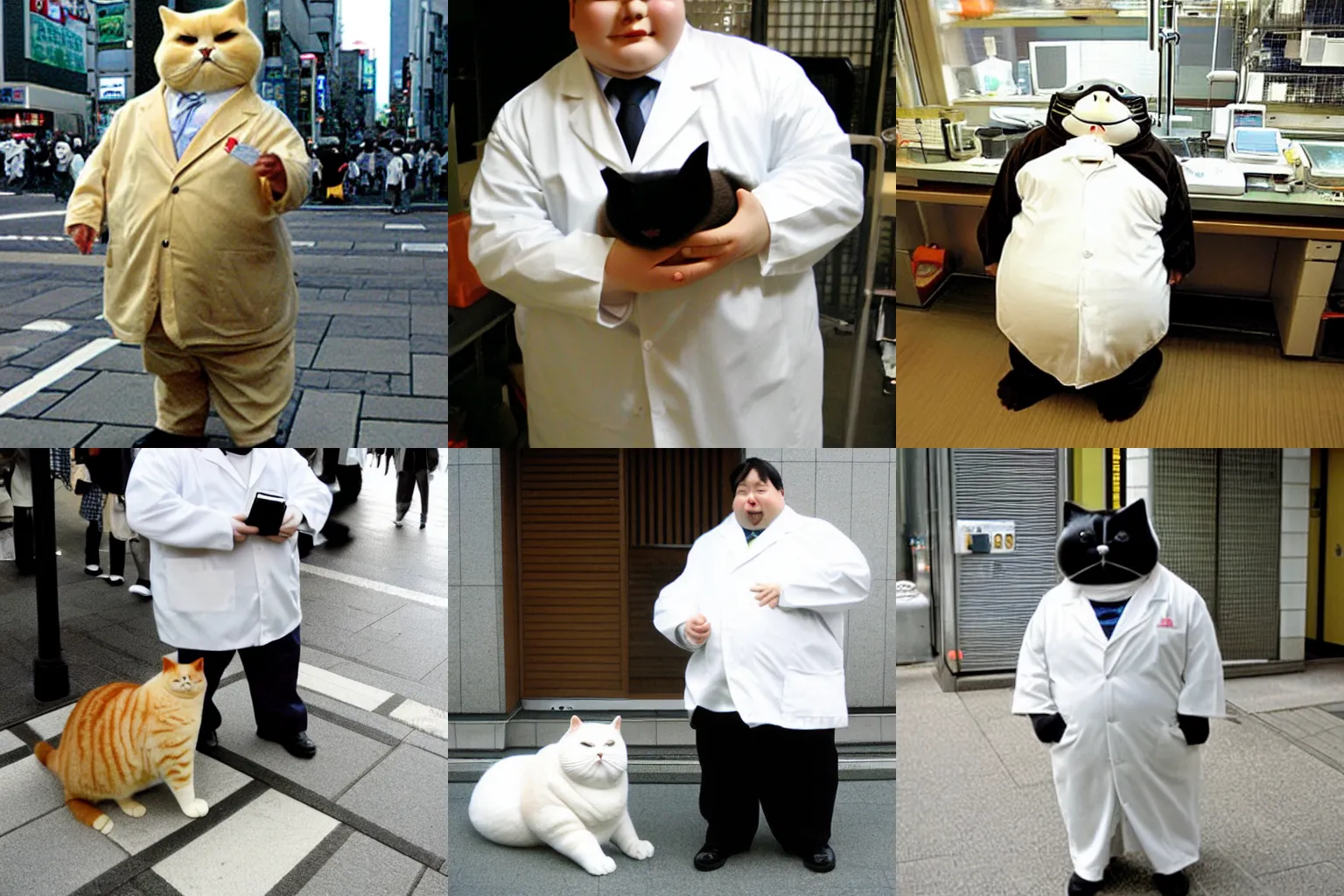Prompt: a fat anthropomorphic cat wearing a lab coat in Tokyo 2007 photo