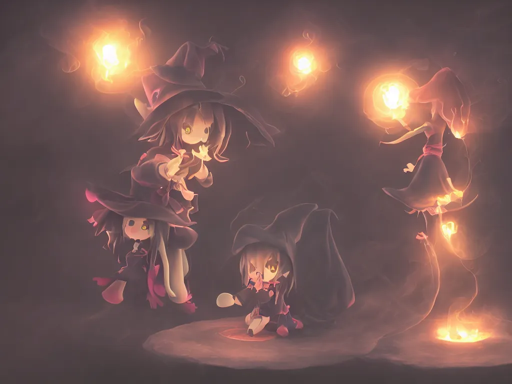 Image similar to cute fumo plush girl witch stirring a cauldron swirling with strange energy, casting a powerful spell, eldritch gothic horror, smoke and volumetric fog, witch girl, soothsayer, lens flare glow, chibi anime, vray