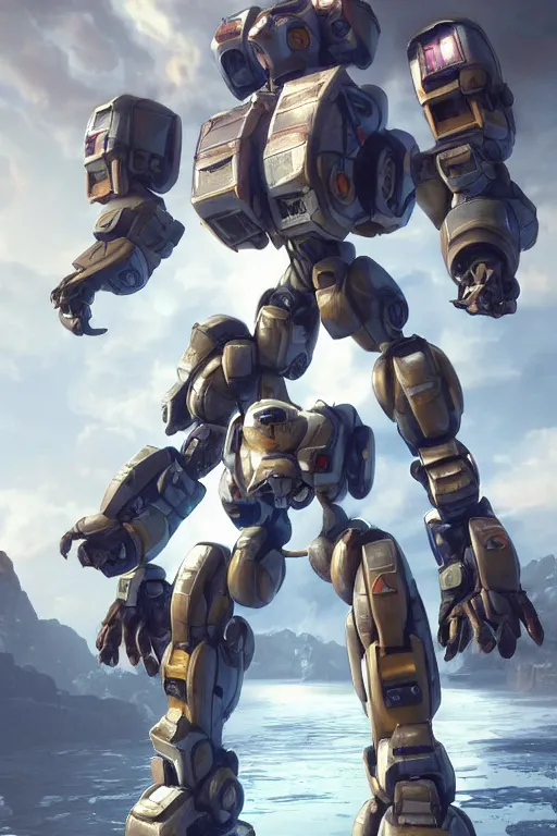 Image similar to mechwarrior 5 : mercenaries mech megaman transformer robot boss tank engine game octane render, 4 k, hd 2 0 2 2 3 d cgi rtx hdr style chrome reflexion glow fanart, global illumination ray tracing hdr fanart arstation by ian pesty by jesper ejsing pixar and disney unreal zbrush central hardmesh