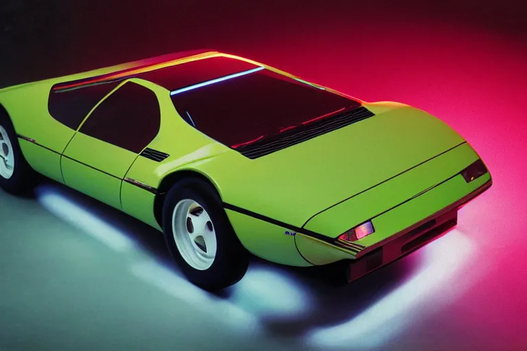 Prompt: designed by Giorgetto Giugiaro stylized poser of a single 1973 Miura Citroen DM BMW M1 (McLaren F1) DeLorean, thick neon lights, ektachrome photograph, volumetric lighting, f8 aperture, cinematic Eastman 5384 film