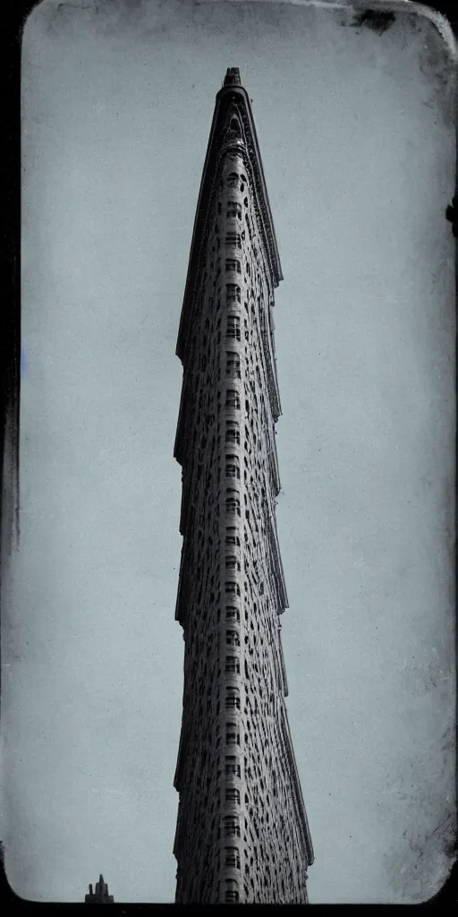 Prompt: wet plate photo cyanotype of New York City flat iron building, highly detailed,