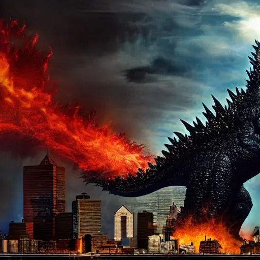 Image similar to godzilla destroying center city philadelphia, high quality, high resolution