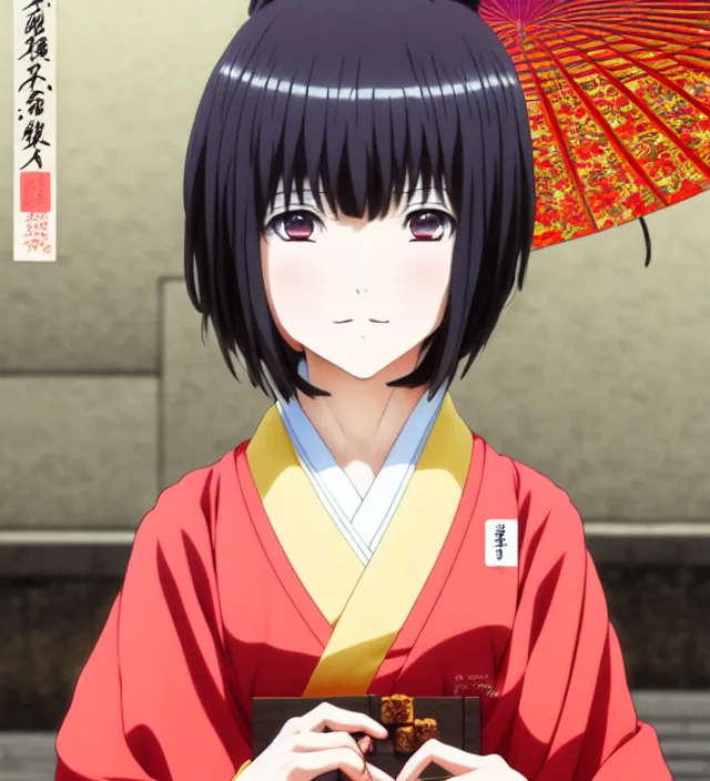 Prompt: anime visual, portrait of a japanese woman in traditional clothes outside a temple playing shogi, cute face by ilya kuvshinov, yoshinari yoh, makoto shinkai, katsura masakazu, dynamic perspective pose, detailed facial features, kyoani, rounded eyes, crisp and sharp, cel shad, anime poster, ambient light