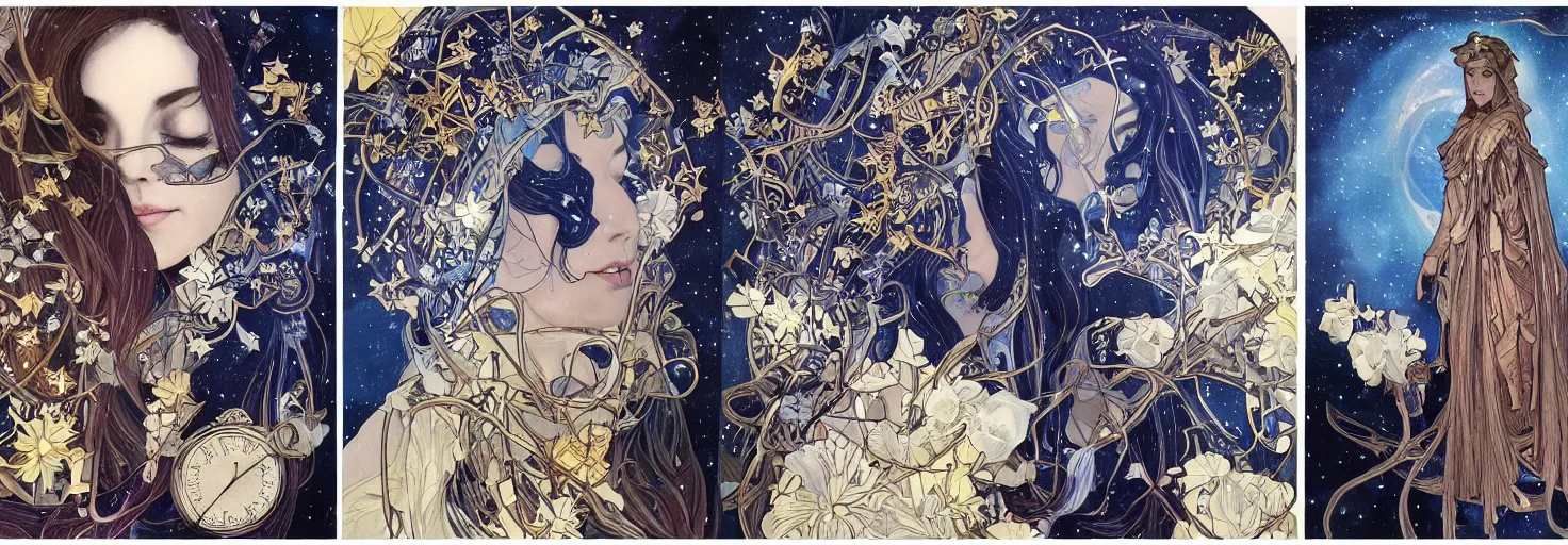 Image similar to cloaked dark winter night, awardwinning art by sana takeda and artgerm and alphonse mucha, conceptual volumetric realism, astronomical star constellations and watch gears, traditional moon, candle, tattoo, maiden and fool and crone, ultramarine blue and gold