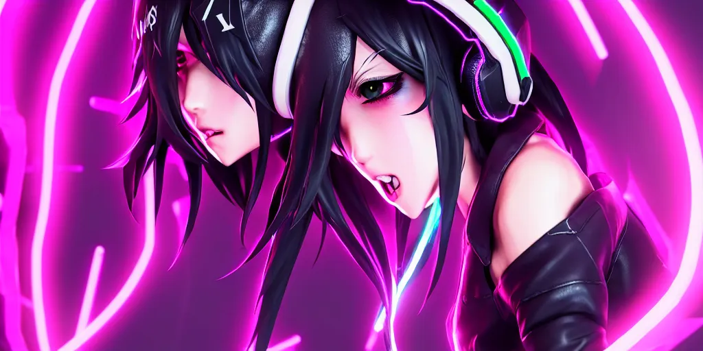 Image similar to KDA akali singing facing the camera centered with headphones on in the style of a code vein character, momo from twice in code vein in the style of WLOP, artgerm, yasutomo oka, rendered in unreal engine and redshift octane , background is surrounded by epic neon glitch effect digital art dynamic dramatic lighting, soft lighting, imagine fx, artstation, cgsociety, by Bandai Namco artist,