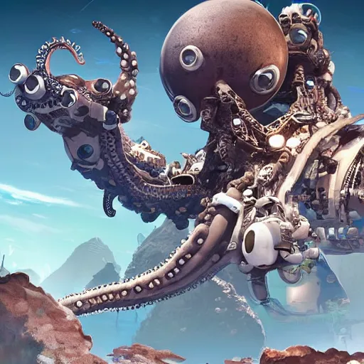 Image similar to octopus astronaut horizon zero dawn machine, landed spaceship on a comet, artstation, highly detailed, concept art, sharp focus