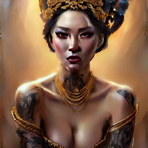 Prompt: expressive oil painting, of alluring european princess, seductive look, smooth glowing skin, glistening body, love, adoration, flushed, ornate headpiece of black beads, glamour shot, tattoos, by yoshitaka amano, by greg rutkowski, by jeremyg lipkinng, by artgerm, digital art, octane render