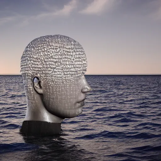 Image similar to a giant sculpture of water in the shape of a human head, on the ocean water, cinematic, in the style of johnson tsang, long shot, hyper detailed, hyper realistic, ray tracing, 8 k resolution, sharp focus, realistic water, award winning