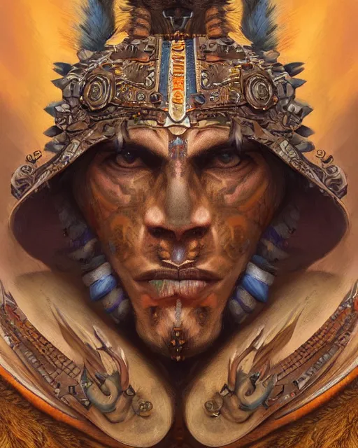 Prompt: digital painting of a warrior cuextecatl by filipe pagliuso and justin gerard, symmetric, fantasy, detailed, intricate, portrait, sharp focus, tarot card, handsome