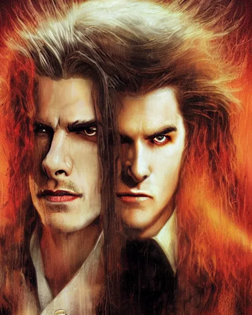 Image similar to alternate cover art for the movie interview with a vampire starring a long haired blonde tom cruise as lestat de lioncourt portrait, face centered portrait, confident, unused design, nightmare world, fog, rain, volumetric lighting, realistic illustration, perfectly shaded, soft painting, art by krenz cushart and wenjun lin