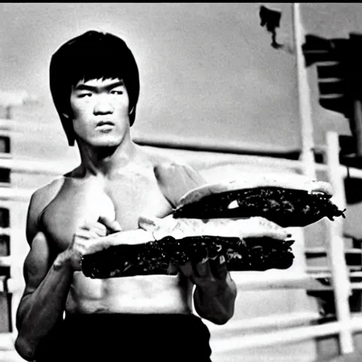 Image similar to a photo of bruce lee eating an hamburger