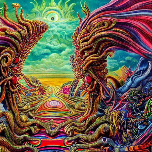 Prompt: a high detailed hyper detailed painting of a spiritual monster with dreadlocks and several eyes, pointy teeth and colorful skin with scales and strange textures, surreal psychedelic cosmic horror - 7 6 8