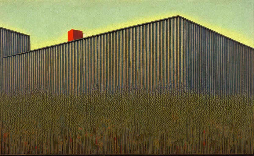 Image similar to geometric painting of industrial buildings surrounded by undergrowth by clarence holbrook carter