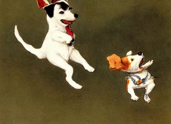 Image similar to portrait of happy jack russel terrier jumping, illustrated by peggy fortnum and beatrix potter and sir john tenniel