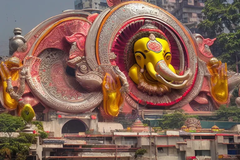 Prompt: beautiful futuristic new delhi, sharp sci - fi ganesha!! building, kalighat flowers, highly detailed, stephen shore & john j. park, cinematic morning light, wide shot, ground angle, uhd 8 k, sharp focus