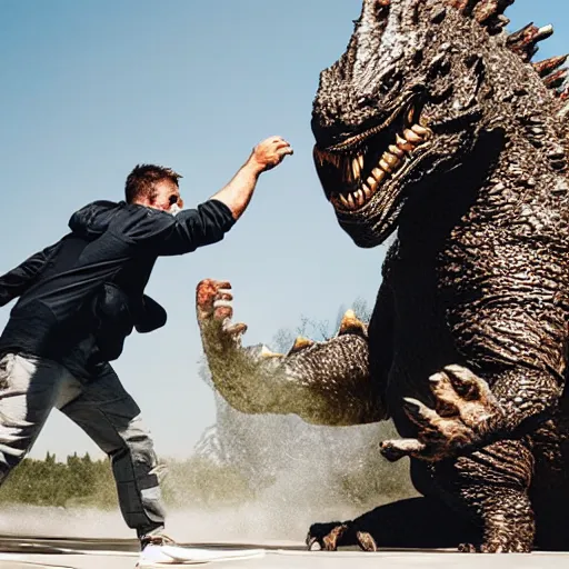 Image similar to a Caucasian man fighting with Godzilla
