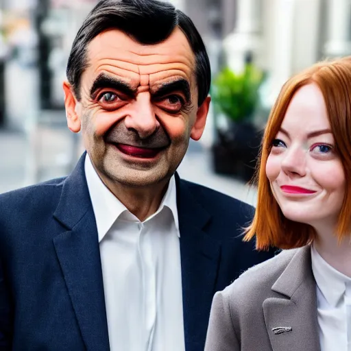 Image similar to Mr Bean dating Emma Stone, TMZ, XF IQ4, f/1.4, ISO 200, 1/160s, 8K, Sense of Depth, color and contrast corrected, Nvidia AI, Dolby Vision, symmetrical balance, in-frame