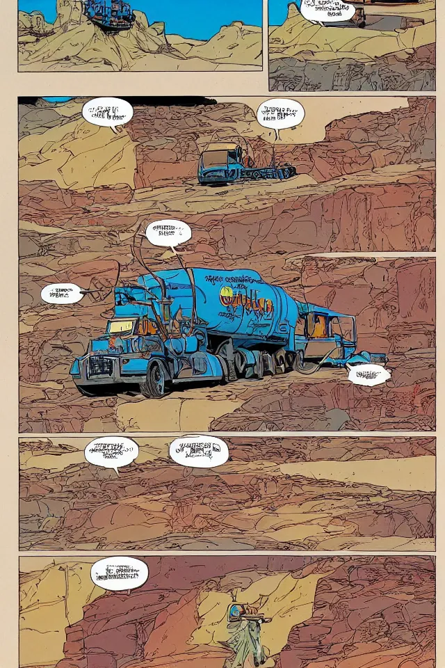 Image similar to colorfull comicpage with panels and speech balloons by Moebius and Jean Giraud showing a futuristic oil truck driving through the desert, airtight garage