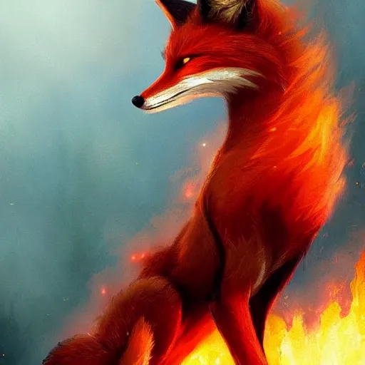 Prompt: Fire Fox, trending on artstation, ultra detailed, 8k, character illustration by Greg Rutkowski, Thomas Kinkade.