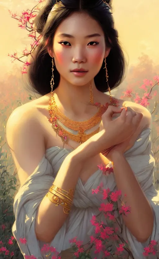 Image similar to a beautiful young charming asian goddess with sundress and jewelry | | winter, realistic shaded, unpleasant face, good looking, fine details, dior, lv, realistic shaded lighting poster by greg rutkowski, macoto takahashi, magali villeneuve, artgerm, jeremy lipkin and michael garmash