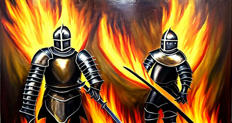 Image similar to An oil painting of a knight in dark metal armor wielding a flaming sword