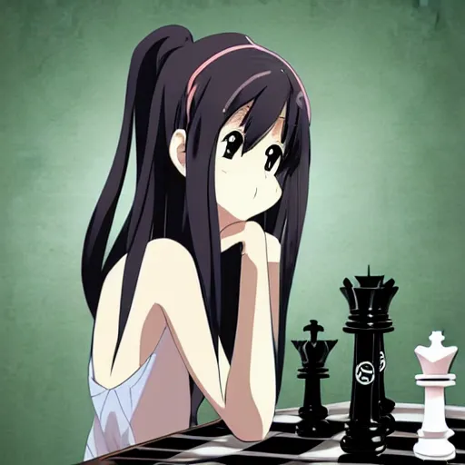 Image similar to anime portrait of long black hair anime girl pondering next to a chess set, cute, official art