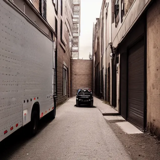 Prompt: two trucks having a tender kiss in a back alley