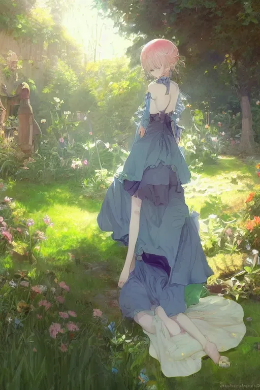 Prompt: a depressed digital art, loli in dress, garden, green and warm theme, blue accents, back lighting, highly detailed, 4 k resolution, trending on art station, by krenz cushart and mucha and akihito yoshida and greg rutkowski