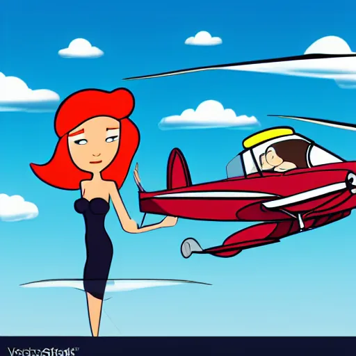 Prompt: pilot and red haired mermaid flying in a cessna airplane, style of Jetsons, cartoon,