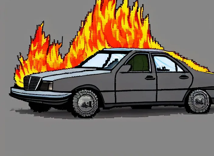 Image similar to burning wrecked mercedes 1 2 4, pixelart by kirokaze, award winning. dramatic. trending on artstation. very low quality, low resolution sync by honeybunny