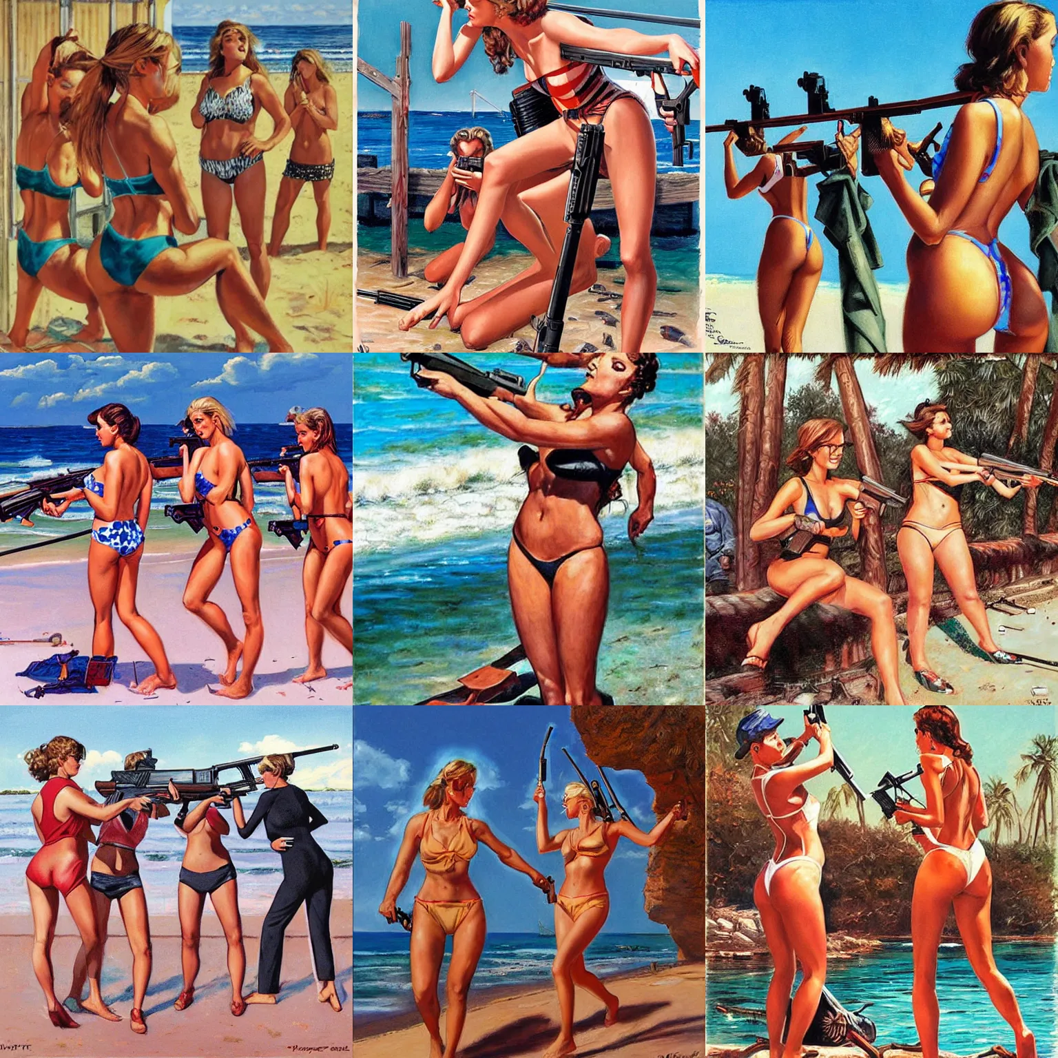 Prompt: Swim suit girls shooting incels with a shotgun by Mort Kunstler