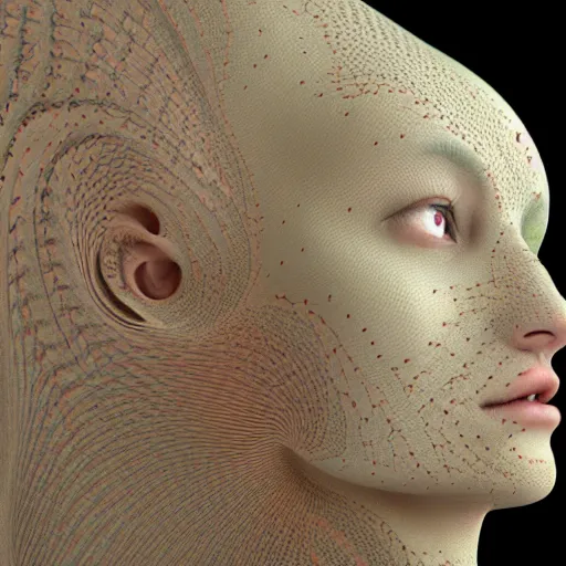 Prompt: beautiful face made with abstract fractal patterns, structural skin, clay render, rendered in octane, venation, voronoi patterns