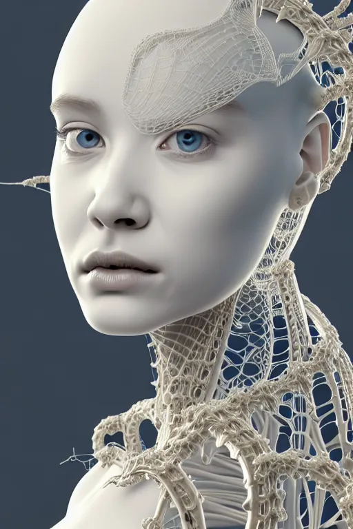 Image similar to bw 3 d render, stunning beautiful young cute biomechanical albino female cyborg with a porcelain profile face, angelic, rim light, big leaves and stems, roots, fine foliage lace, alexander mcqueen, art nouveau fashion embroidered, steampunk, silver filigree details, hexagonal mesh wire, mandelbrot fractal, elegant, artstation trending