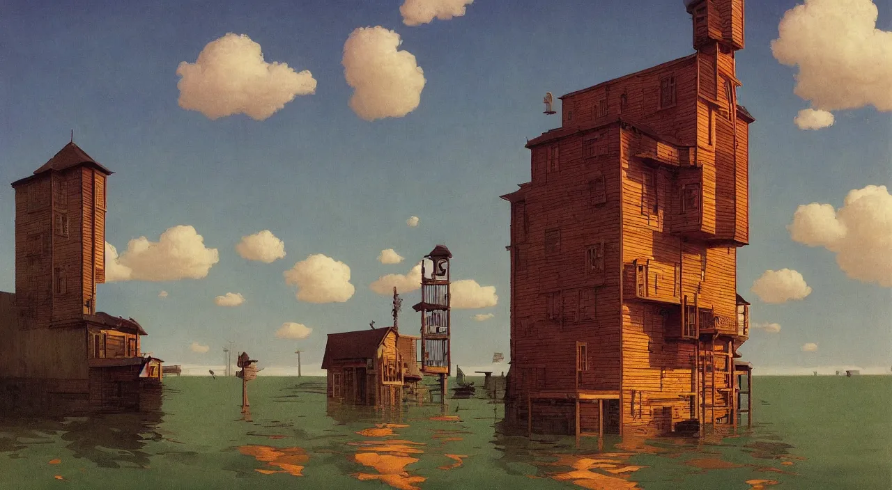 Image similar to single flooded simple wooden tower, very coherent and colorful high contrast!! masterpiece by rene magritte simon stalenhag carl spitzweg syd mead norman rockwell edward hopper james gilleard, minimalist, dark shadows, sunny day, hard lighting