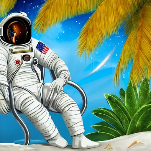 Image similar to an astronaut lounging in a tropical resort in space in a photorealistic style