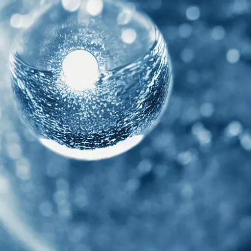 Prompt: a drop of water in the shape of a planet coming out of a water faucet, bokeh photograph