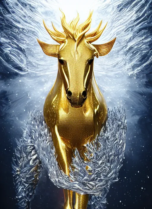 Prompt: kirin hybrid with white horse, golden metalic reflective skin, golden intricate diamonds reflective skin, under water, dynamic, light-gold shimmer, spotlight, ultrarealistic, Hyperdetailed, 3d octane render, science fiction, concept art