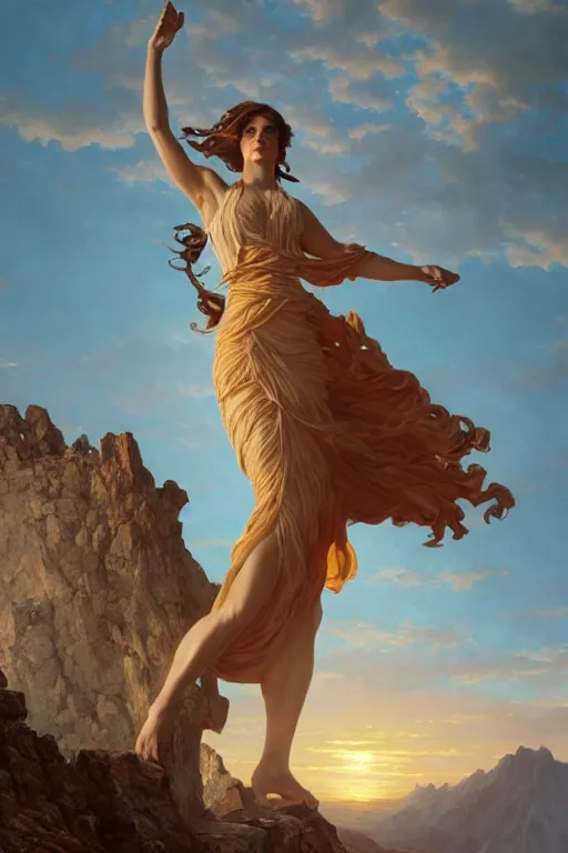 Image similar to an ultradetailed colossal magnificent mountain sized sculpture of an elegant woman, fine detail, sunrise on the horizon in the background, stone hand raised up, 8 k, art by greg rutkowski and alphonse mucha and andreas rocha and albert bierstadt