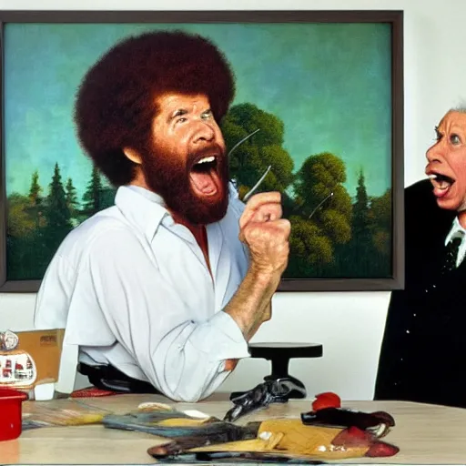 Image similar to bob ross screaming at his painting by norman rockwell