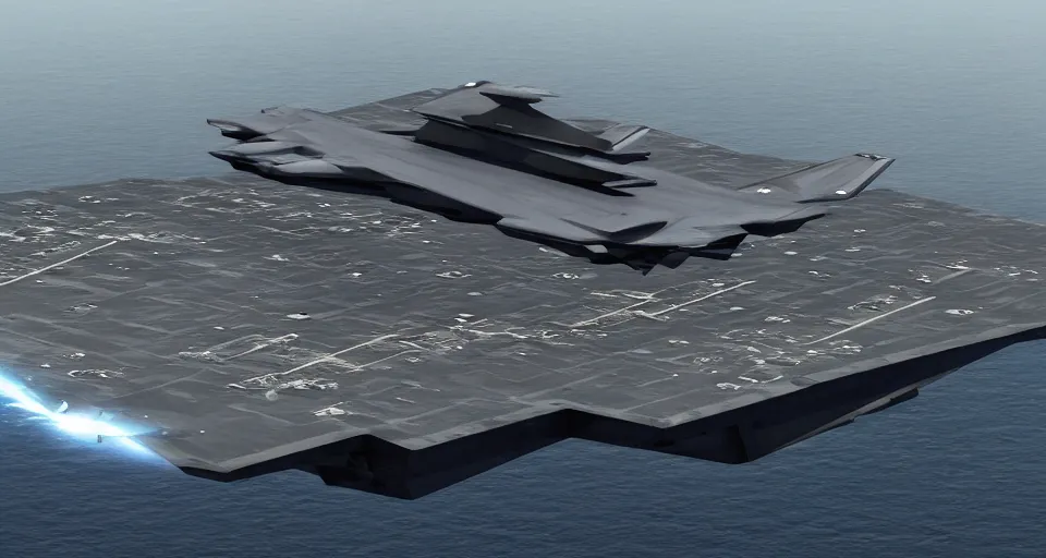 Prompt: an elaborate sci-fi stealth aircraft carrier design, modern, detailed, concept art, stealth, sleek, obsidian