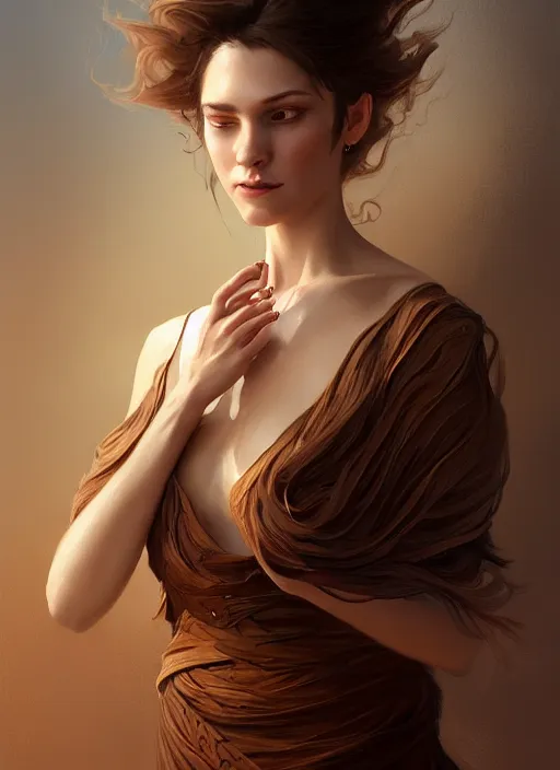 Image similar to portrait of a woman with brown hair wearing a flowing dress, holding her hand out with a scorpion on the hand, intricate, elegant, highly detailed, digital painting, artstation, concept art, smooth, sharp focus, illustration, art by wlop, mars ravelo and greg rutkowski